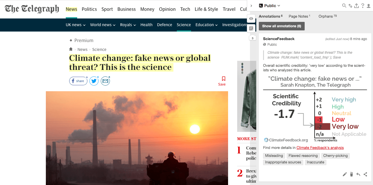 Telegraph article on climate change mixes accurate and unsupported, inaccurate claims, misleads with false balance